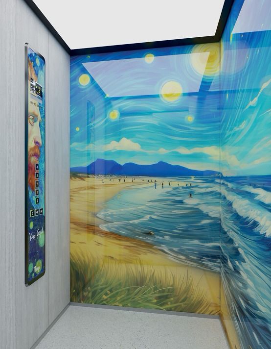 Cabina personalitzada amb mural artístic estil Van Gogh platja — Ascensores Skylift